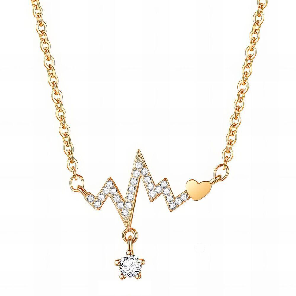 18K Gold Plated Women's Heart Beat Necklace Cubic Zirconia Waterproof Delicate
